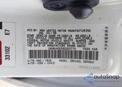 2009 Toyota Corolla from USA, damaged, VIN 1NXBU40E59Z023775